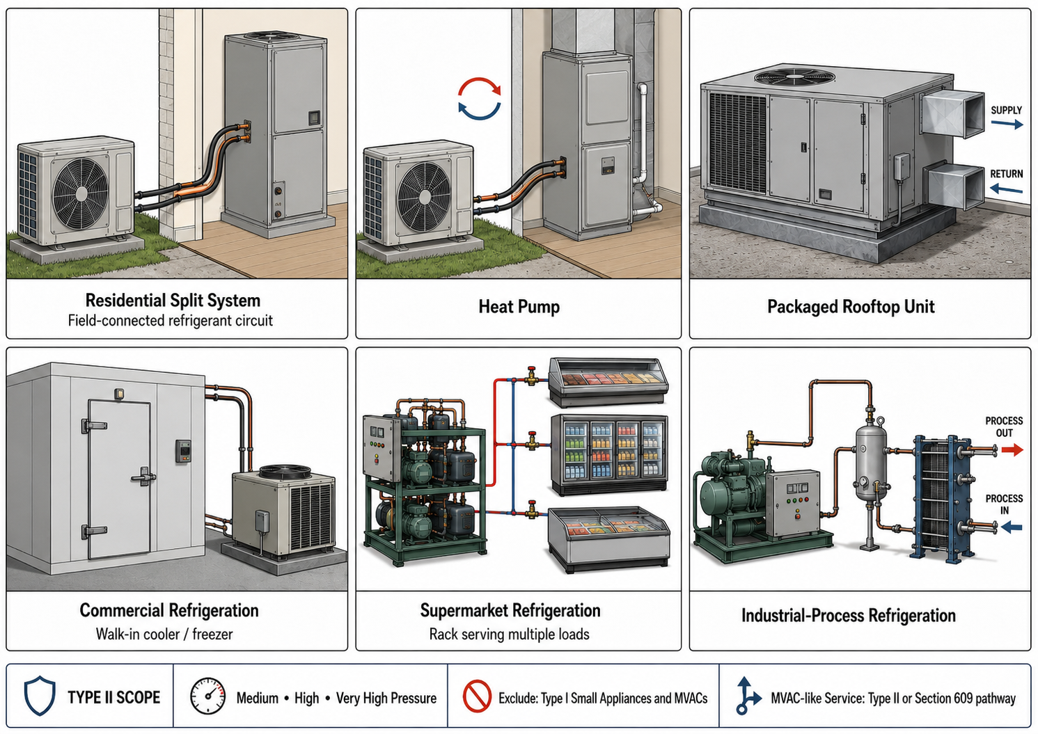 Textbook-style grid of representative Type II equipment including a residential split-system air conditioner heat pump packaged rooftop unit walk-in commercial refrigeration supermarket compressor rack and industrial-process refrigeration system with a classification reminder for Type II scope
